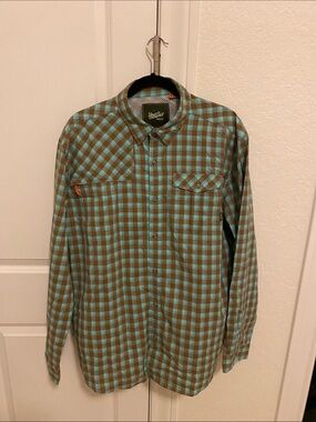 Howler Brothers Men's Long-Sleeve Plaid Shirt in Teal and Brown. HBar tech